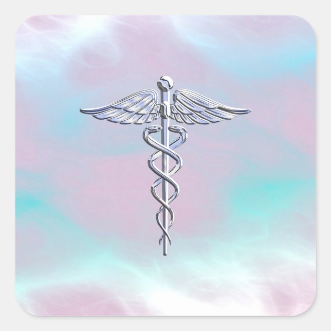 Chrome Like Caduceus Medical Symbol Mother Pearl Square Sticker (Front)