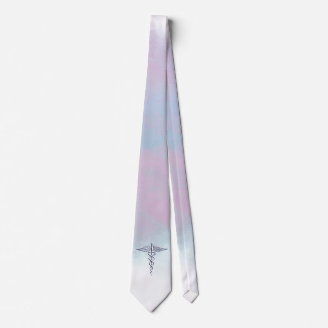 Chrome Like Caduceus Medical Symbol Mother Pearl Tie (Front)