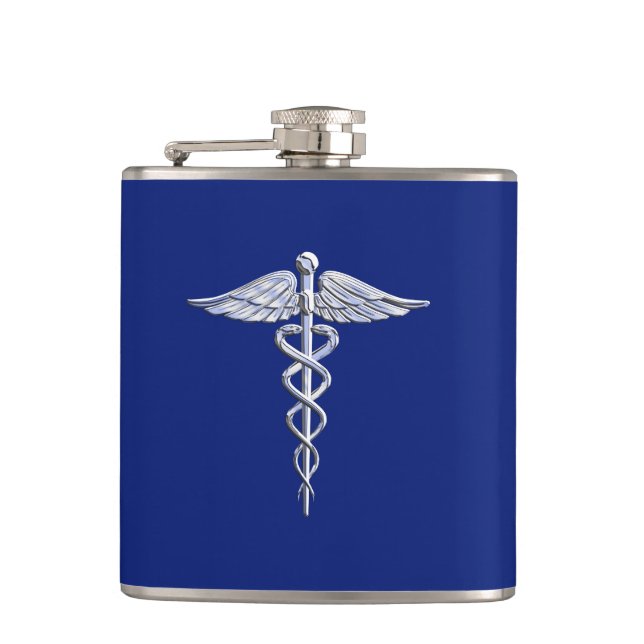 Chrome Like Caduceus Medical Symbol Navy Blue Deco Hip Flask (Front)