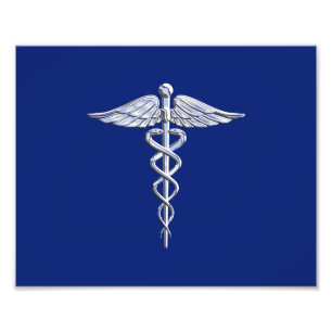 Chrome Like Caduceus Medical Symbol Navy Blue Deco Photo Print