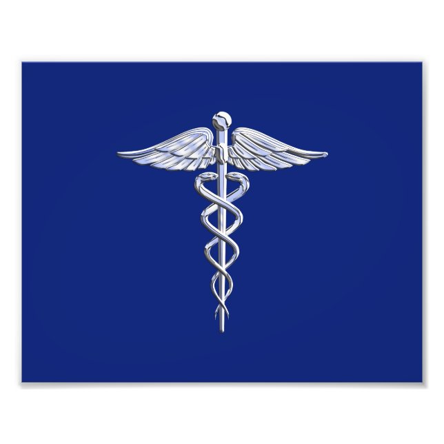 Chrome Like Caduceus Medical Symbol Navy Blue Deco Photo Print (Front)
