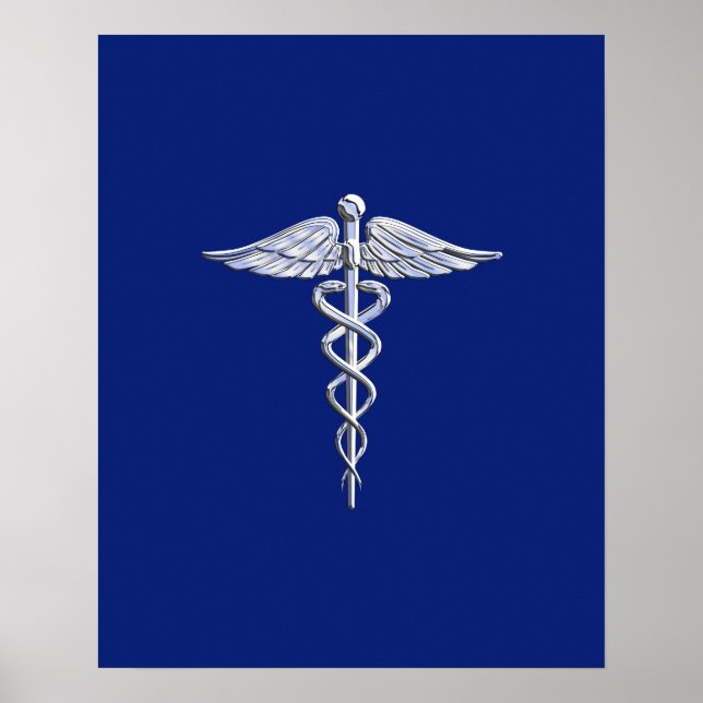 Chrome Like Caduceus Medical Symbol Navy Blue Deco Poster (Front)