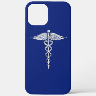 Chrome Like Caduceus Medical Symbol on Blue Decor iPhone 12 Pro Max Case