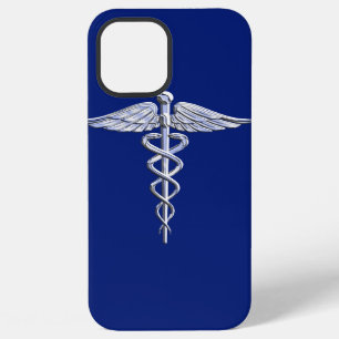Chrome Like Caduceus Medical Symbol on Blue Decor iPhone 12 Pro Max Case