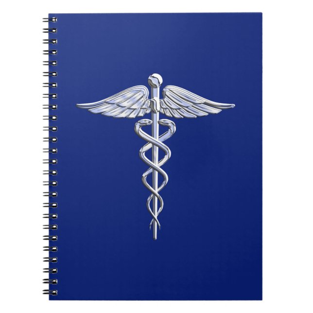 Chrome Like Caduceus Medical Symbol on Blue Decor Notebook (Front)