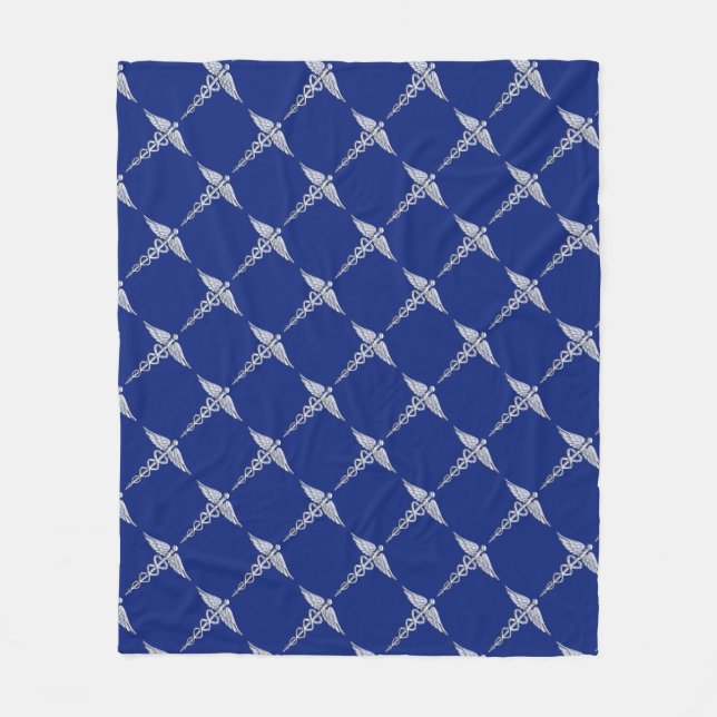 Chrome Like Caduceus Medical Symbol on Navy Blue Fleece Blanket (Front)