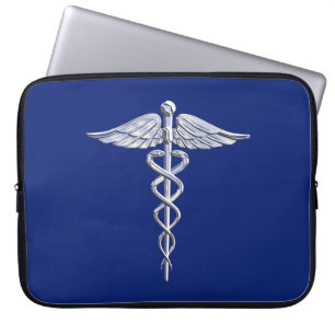 Chrome Like Caduceus Medical Symbol on Navy Blue Laptop Sleeve