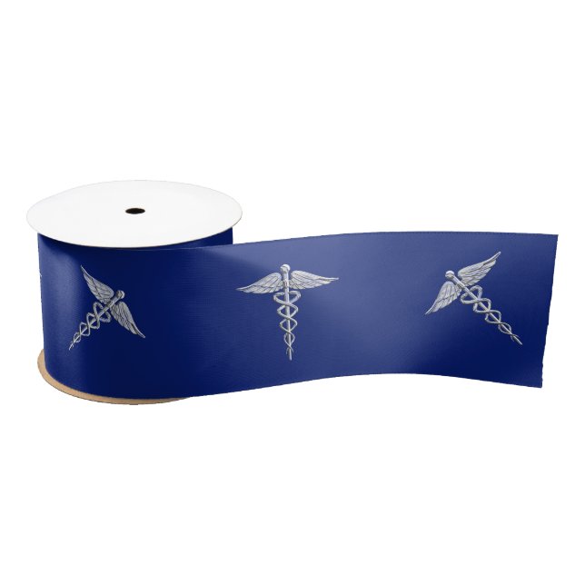 Chrome Like Caduceus Medical Symbol on Navy Blue Satin Ribbon (Spool)