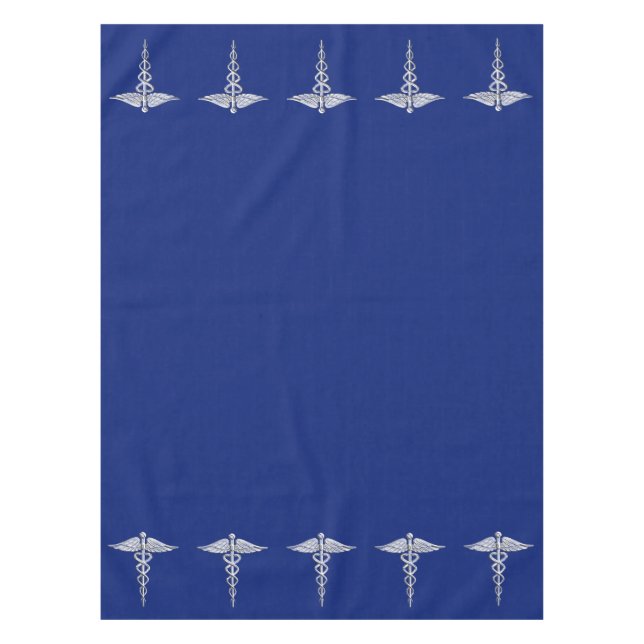 Chrome Like Caduceus Medical Symbol on Navy Blue Tablecloth (Front)