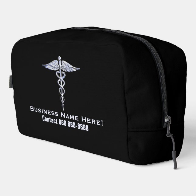 Chrome Like Caduceus Medical Symbol with Text Dopp Kit (Right Corner)