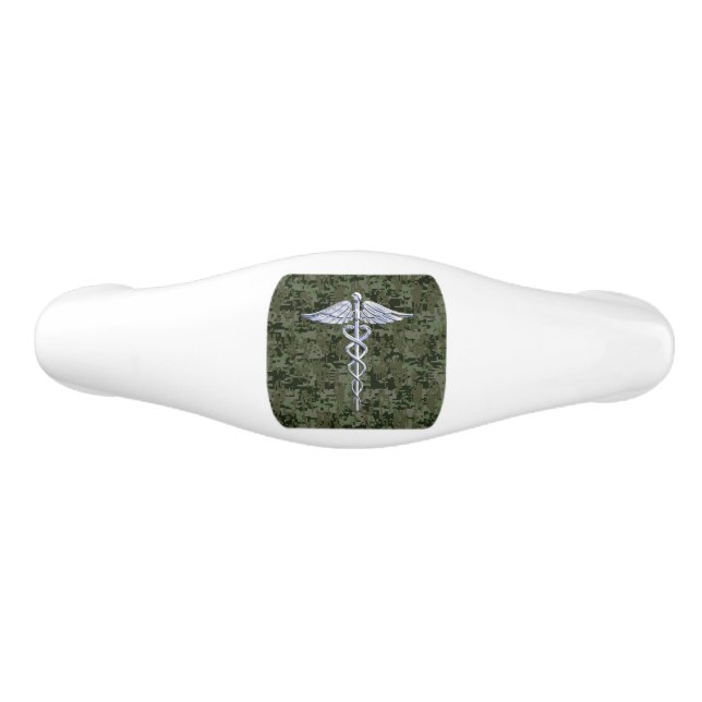 Chrome Like Caduceus Symbol on Green Camouflage Ceramic Drawer Pull (Front)