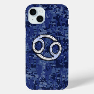 Chrome Like Cancer Sign on Blue Digital Camo iPhone 15 Mini Case