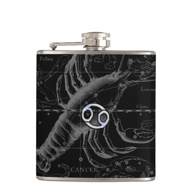 Chrome like Cancer Sign on Hevelius Engraving Hip Flask (Front)
