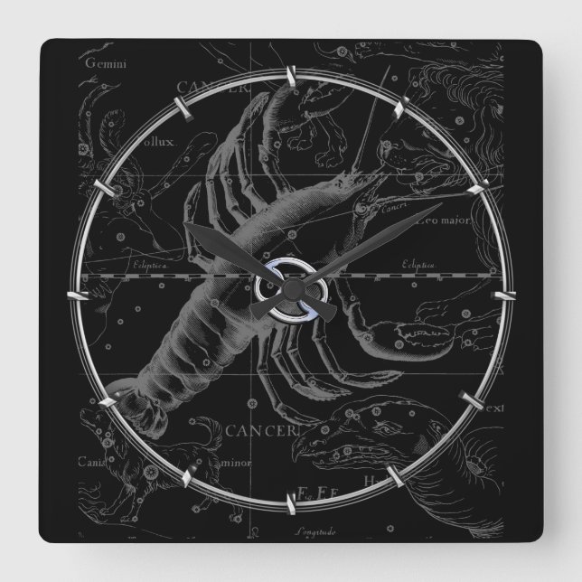 Chrome like Cancer Zodiac Constellation Hevelius Square Wall Clock (Front)