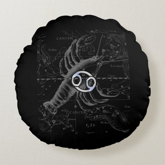 Chrome like Cancer Zodiac Sign on Hevelius Round Cushion (Front)