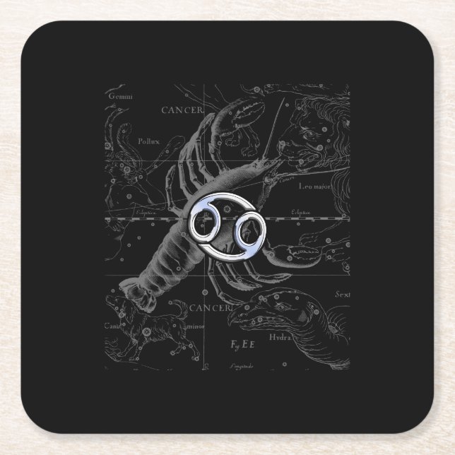 Chrome like Cancer Zodiac Sign on Hevelius Square Paper Coaster (Front)