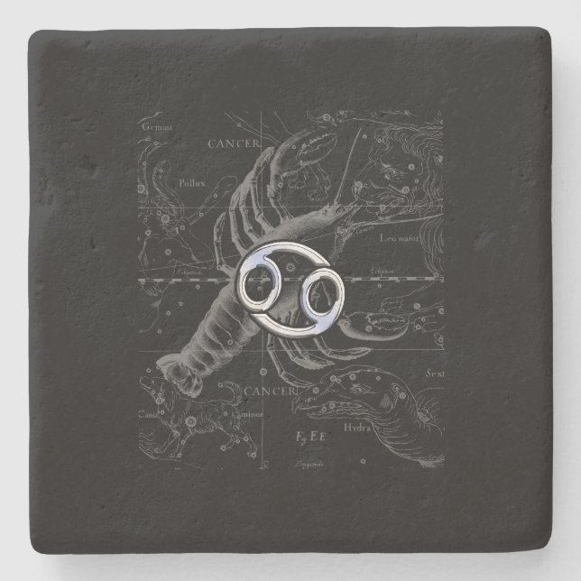 Chrome like Cancer Zodiac Symbol on Hevelius Stone Coaster (Front)