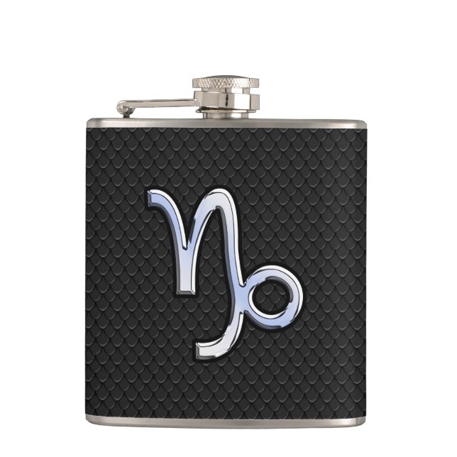 Chrome like Capricorn Zodiac Symbol on Snake Skin Hip Flask (Front)