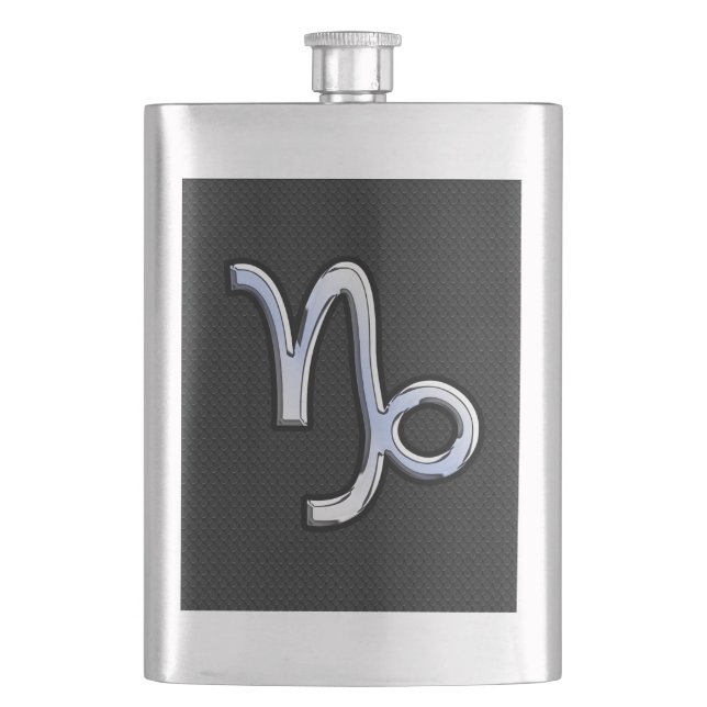 Chrome like Capricorn Zodiac Symbol on Snake Skin Hip Flask (Front)