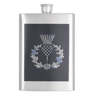 Chrome Like Carbon Fibre Print Scottish Thistle Hip Flask