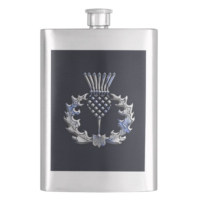 Chrome Like Carbon Fibre Print Scottish Thistle Hip Flask (Front)