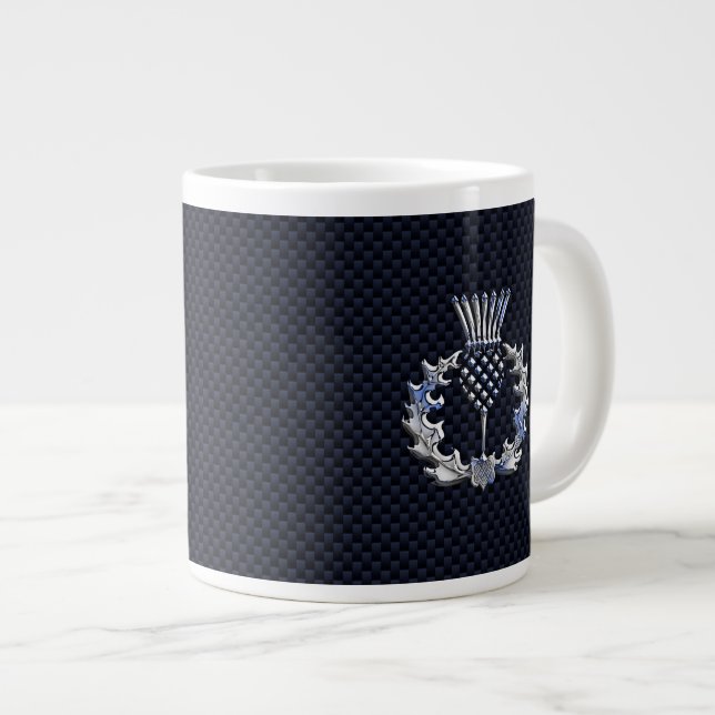 Chrome Like Carbon Fibre Print Scottish Thistle Large Coffee Mug (Front Right)