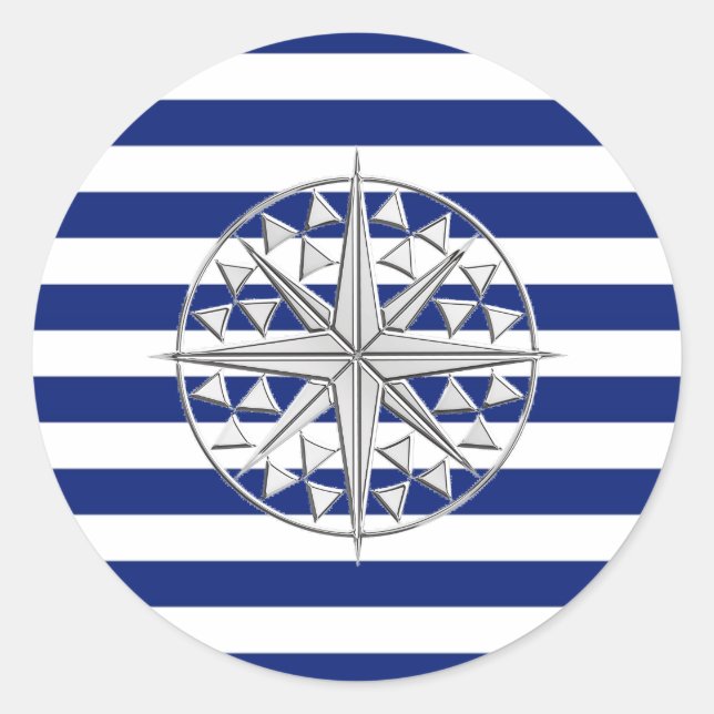 Chrome Like Compass on Nautical Stripes Classic Round Sticker (Front)
