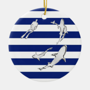 Chrome Like Diver and Sharks on Nautical Stripes Ceramic Tree Decoration