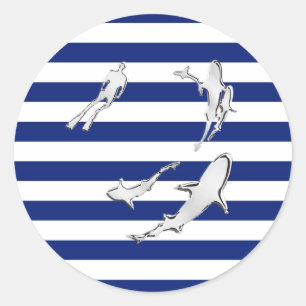 Chrome Like Diver and Sharks on Nautical Stripes Classic Round Sticker