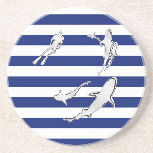 Chrome Like Diver and Sharks on Nautical Stripes Coaster (Front)