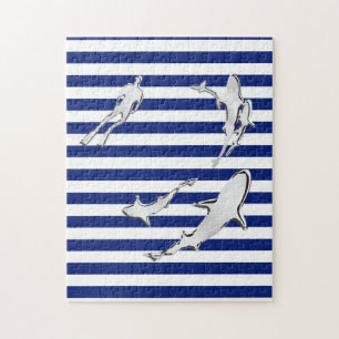 Chrome Like Diver and Sharks on Nautical Stripes Jigsaw Puzzle