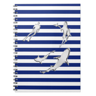 Chrome Like Diver and Sharks on Nautical Stripes Notebook
