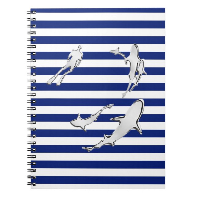 Chrome Like Diver and Sharks on Nautical Stripes Notebook (Front)