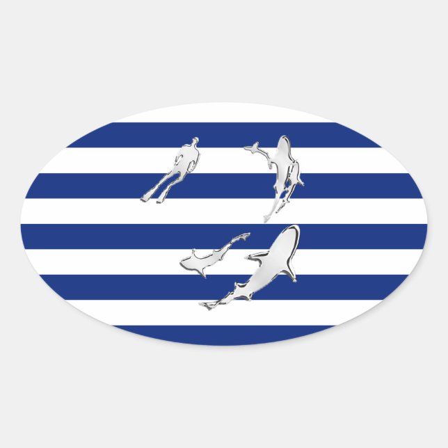 Chrome Like Diver and Sharks on Nautical Stripes Oval Sticker (Front)