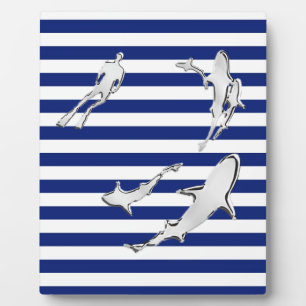 Chrome Like Diver and Sharks on Nautical Stripes Plaque