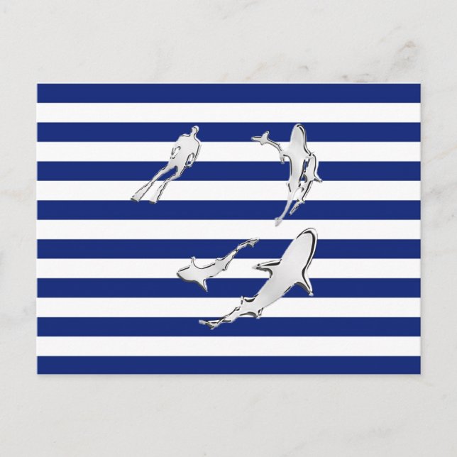 Chrome Like Diver and Sharks on Nautical Stripes Postcard (Front)