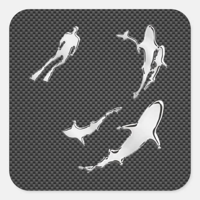 Chrome Like Diver with Sharks on Carbon Fiber Square Sticker (Front)