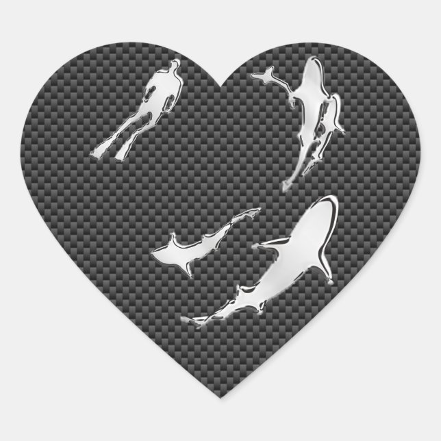 Chrome Like Diver with Sharks on Carbon Fibre Heart Sticker (Front)
