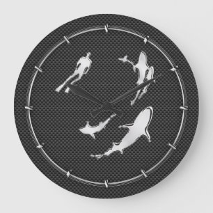 Chrome Like Diver with Sharks on Carbon Fibre Large Clock