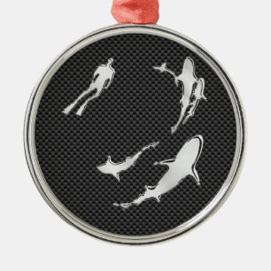 Chrome Like Diver with Sharks on Carbon Fibre Metal Ornament