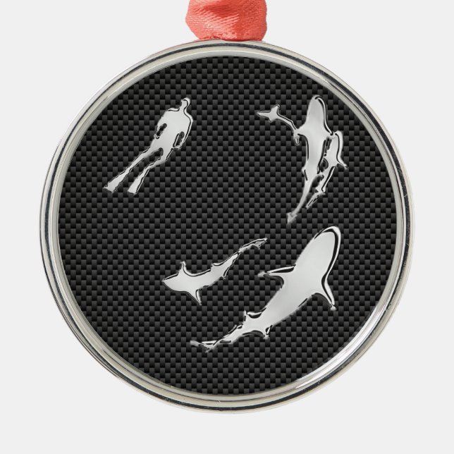 Chrome Like Diver with Sharks on Carbon Fibre Metal Ornament (Front)