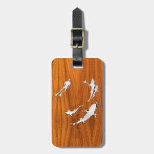 Chrome Like Diver with Sharks on Teak Veneer Luggage Tag