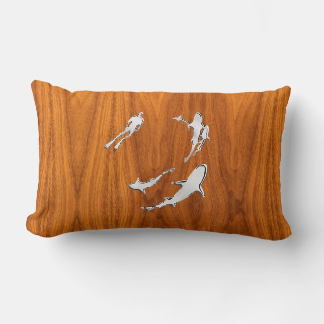 Chrome Like Diver with Sharks on Teak Veneer Lumbar Cushion (Front)