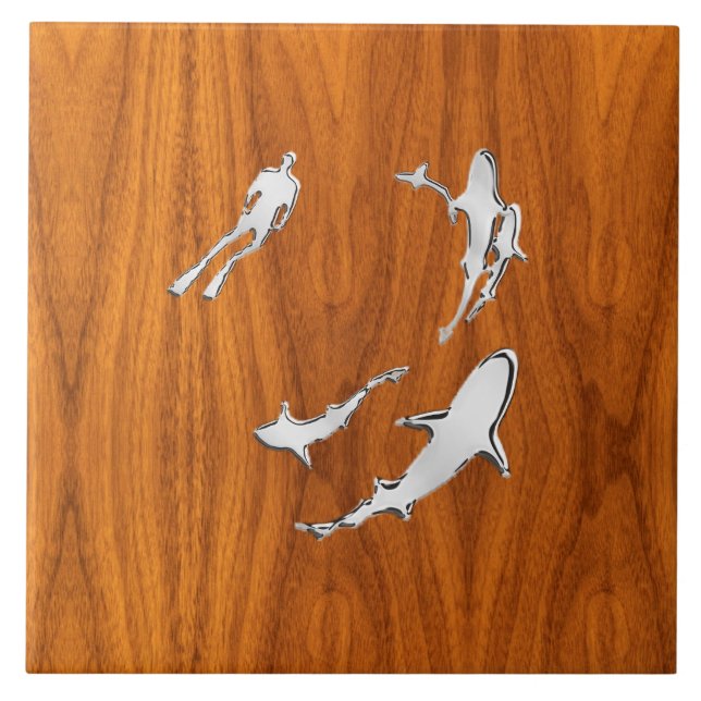Chrome Like Diver with Sharks on Teak Veneer Tile (Front)