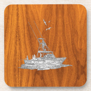 Chrome Like Fishing Boat on Teak Wood Coaster