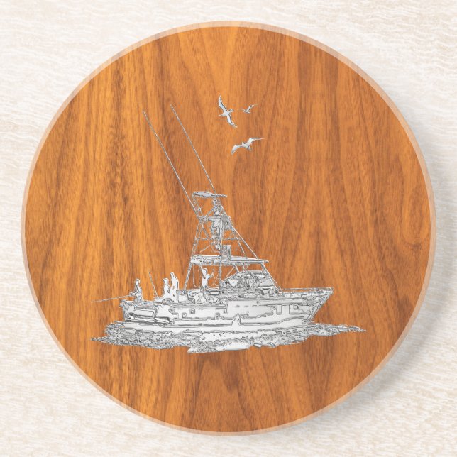 Chrome Like Fishing Boat on Teak Wood Coaster (Front)