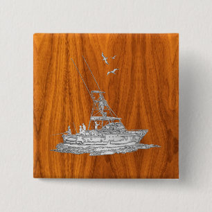 Chrome Like Fishing Boat on Teak Wood Decor 15 Cm Square Badge