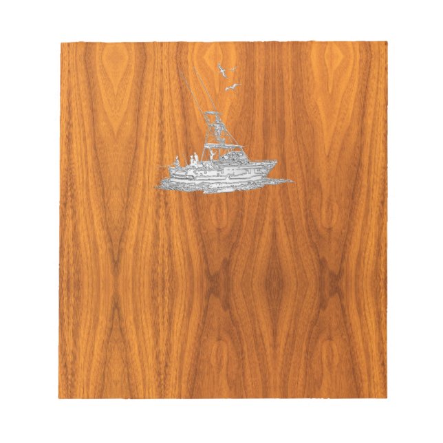 Chrome Like Fishing Boat on Teak Wood Notepad (Front)