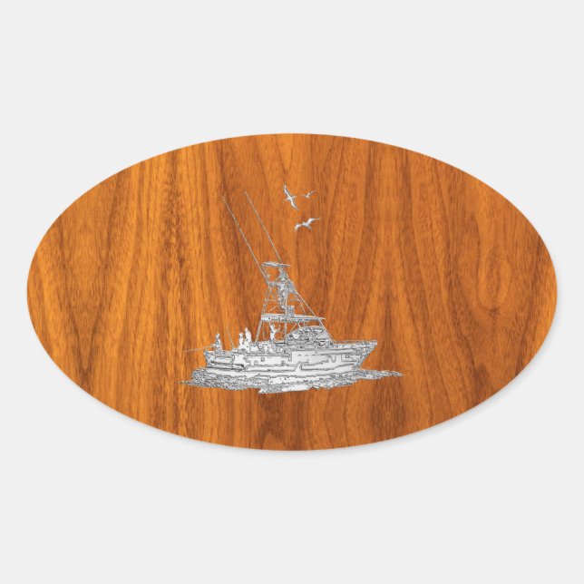 Chrome Like Fishing Boat on Teak Wood Oval Sticker (Front)