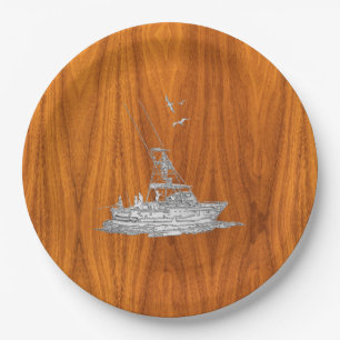 Chrome Like Fishing Boat on Teak Wood Paper Plate